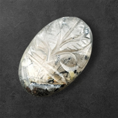Quartz with tourmaline carved cabochon 28x18 mm no 42 Quartz with tourmaline carved cabochon 28x18 mm no 42