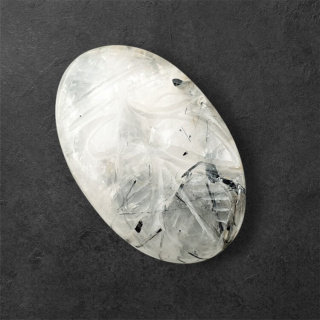 Quartz with tourmaline carved cabochon 31x20 mm no 37